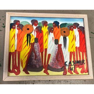 Vintage Haitian Folk Art Painting Casimir Joseph 1976 Signed Village Scene Rare